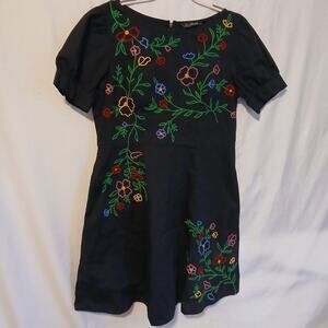 eShakti Sz XL 18 (US 12) Black Floral Embroidered Dress cotton blend